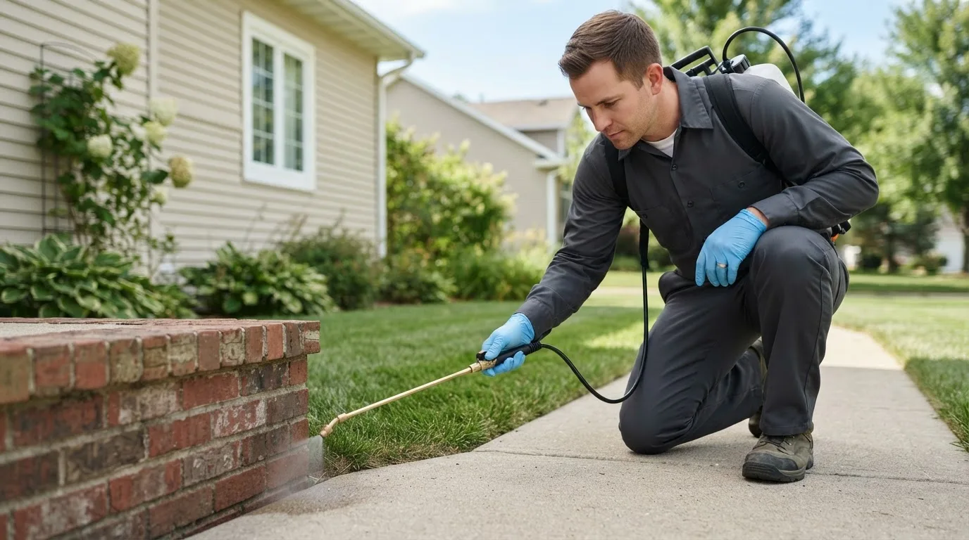 Pest control technician treating a home near Dorrance, KS